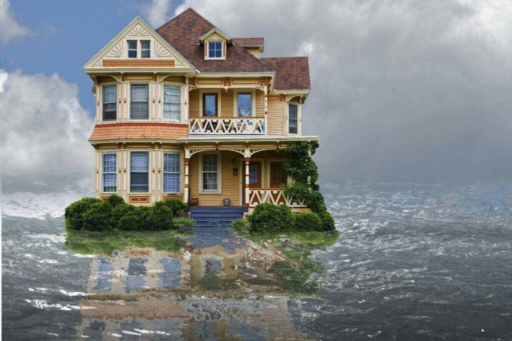 Flood House. House depicted in a flood with water and reflection